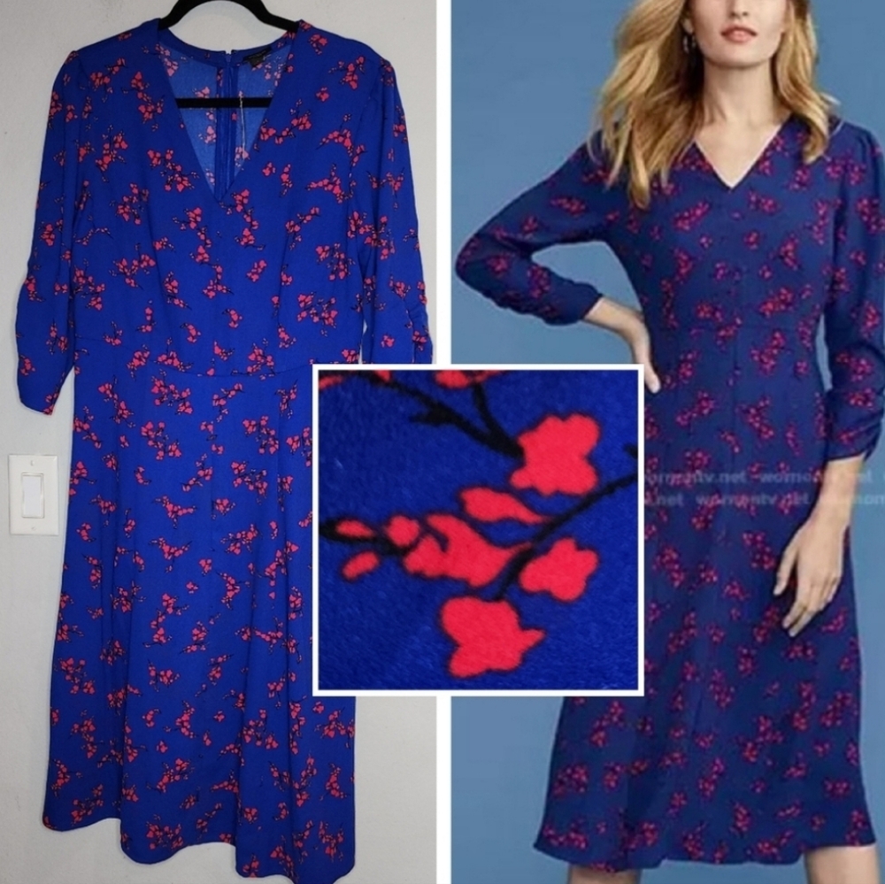 Ann Taylor Factory Blue Dress with Red Floral Pattern - Picture 2 of 4